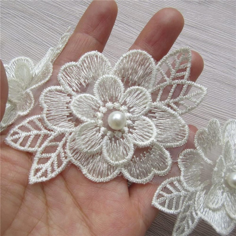 SHBBON 2 Yards 3D Flower Lace Trim Pearl Embroidered Polyester Lace Ribbon Fabric Applique Patchwork for Wedding Dress Handmade DIY Sewing Craft Supplies Decoration (Beige) - Image 1